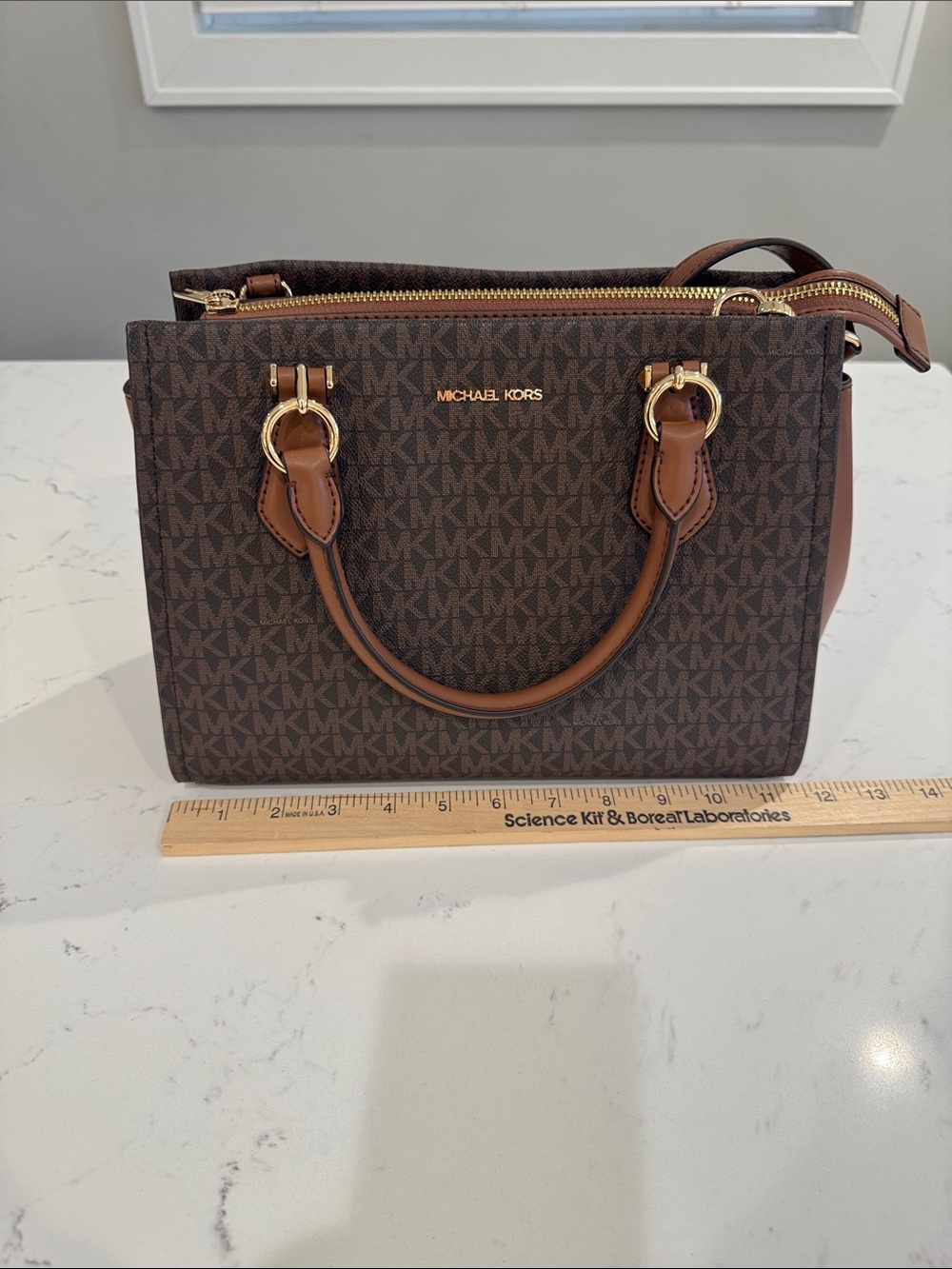 Michael Kors Brown Signature MK Logo Satchel with Tan Trim